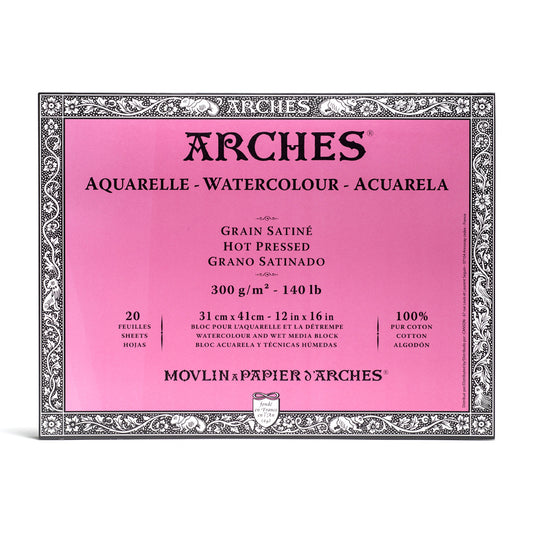 Cover page of Arches hot pressed watercolour block with 20 sheets of 300gsm pure cotton paper. Sheet size is 31 by 41 centimetres.