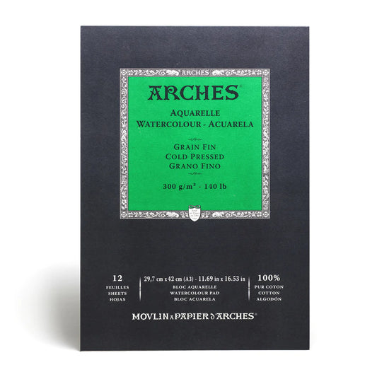 Arches watercolour pad bound on the short side. 12 sheets of cold pressed 300 gsm paper made from 100% cotton. 29.7 by 42 centimeters, A3, in size