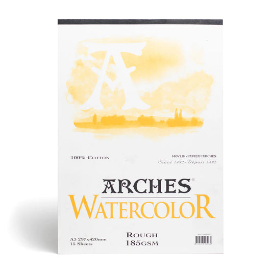 Arches watercolour pad bound on the short side. 15 sheets of rough 185 gsm paper made from 100% cotton. 29.7 by 42 centimeters, A3, in size