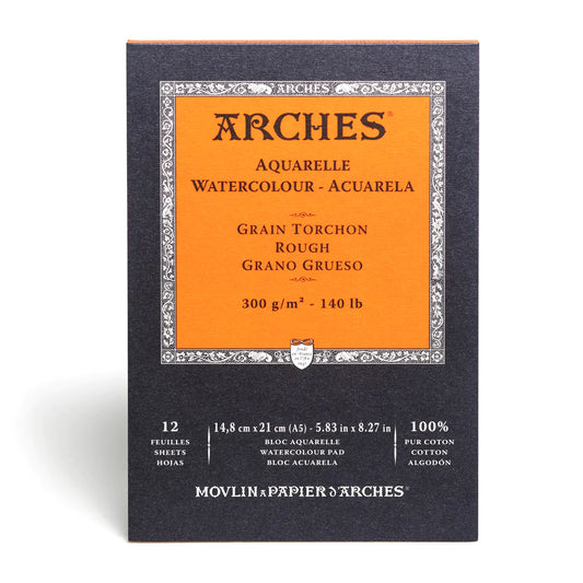 Arches watercolour pad bound on the short side. 12 sheets of rough 300 gsm paper made from 100% cotton. 14.8 by 21 centimeters, A5, in size