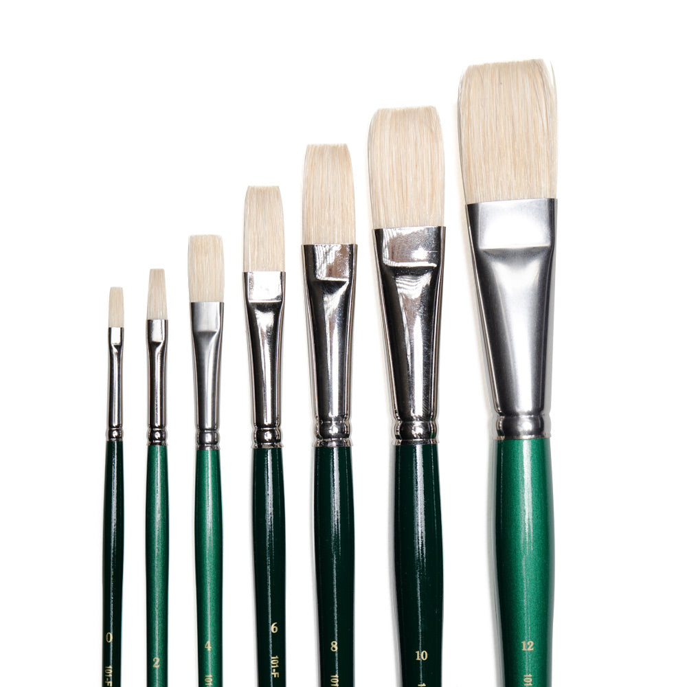 Art Basics hog bristle flat brushes in sizes 0, 2, 4, 6, 8, 10 and 12 with long, flat bristles.