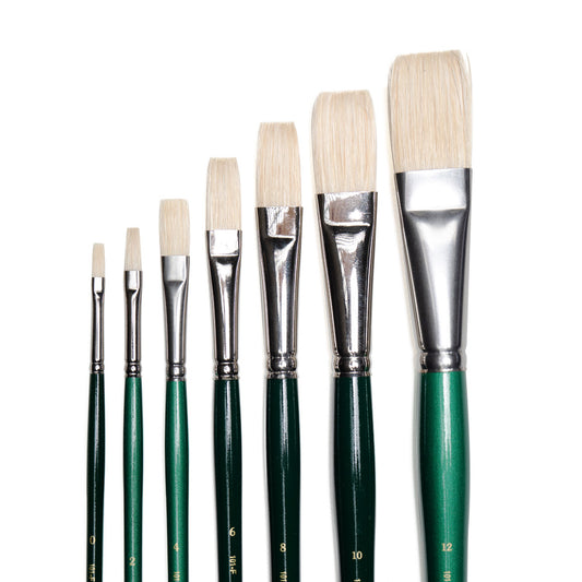 Art Basics hog bristle flat brushes in sizes 0, 2, 4, 6, 8, 10 and 12 with long, flat bristles.