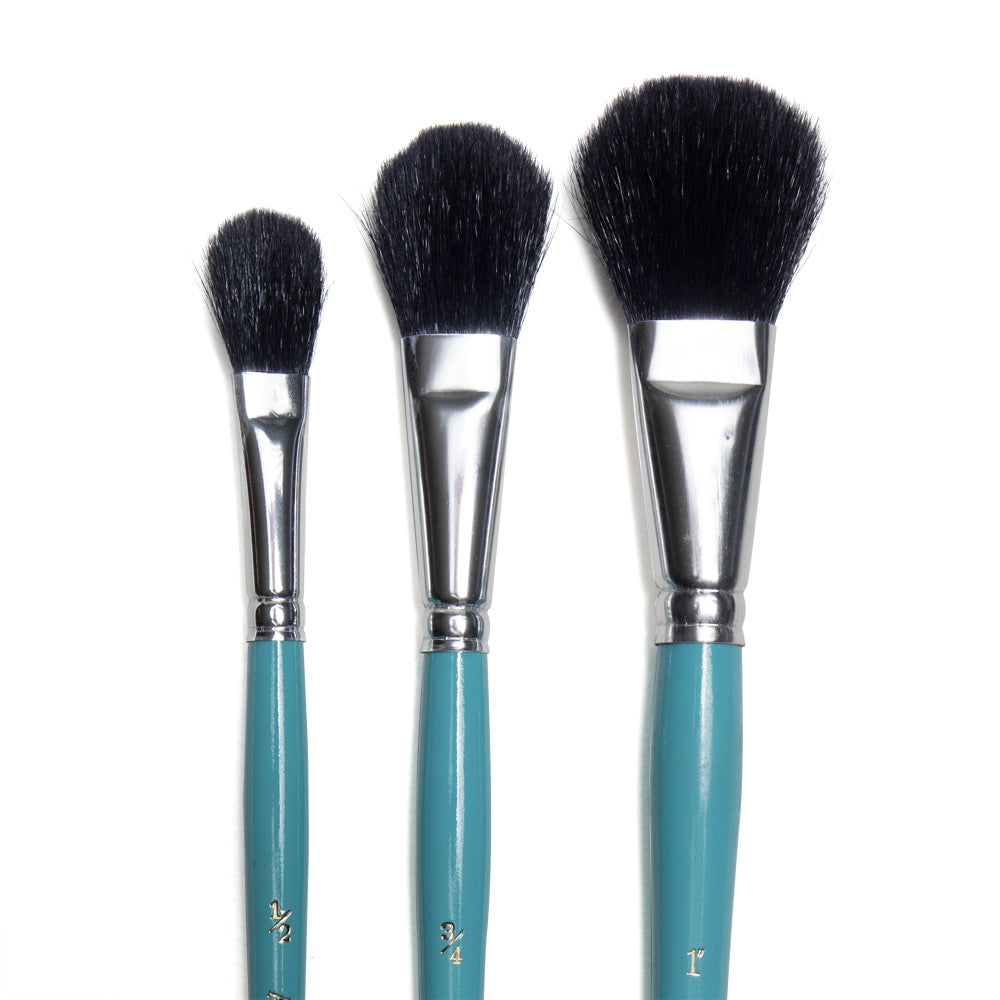 Art Basics black goat hair mop brushes in half, three-quarter and 1 inch sizes with flat bristles and rounded tips.