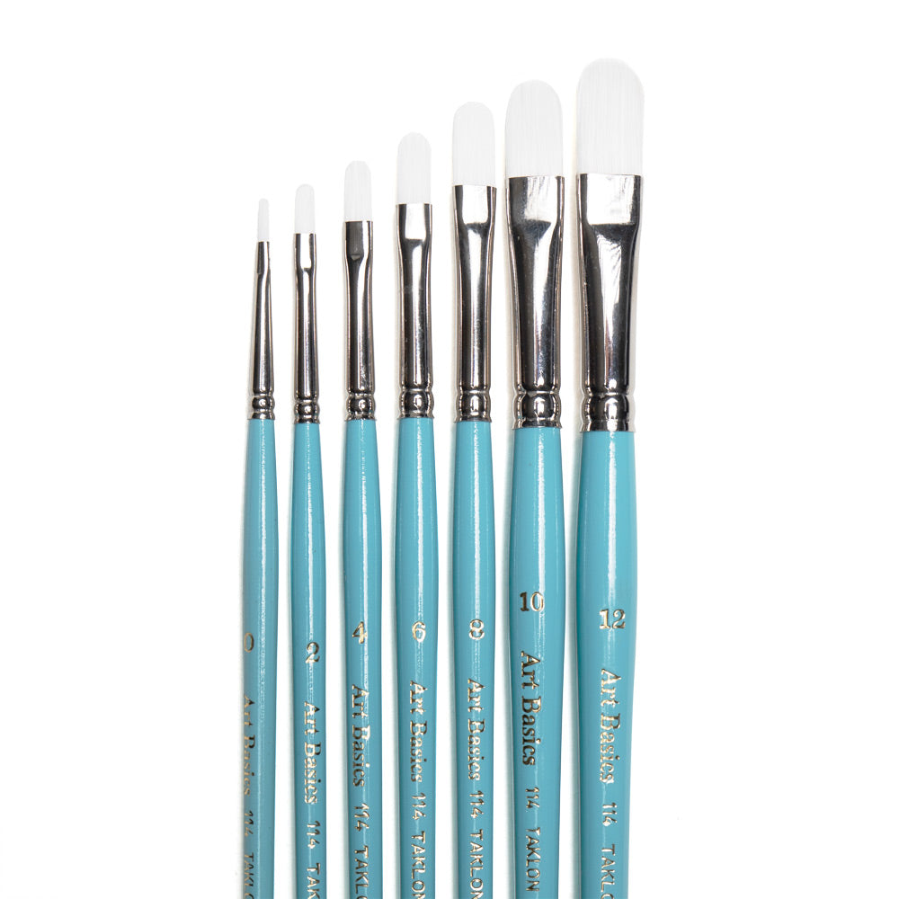 Art Basics Taklon filbert brushes in sizes 0, 2 4, 6, 8, 10 and 12 with flat bristles and rounded tips.