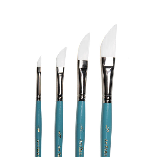 Art Basics Taklon dagger brushes in one eighth, quarter, three eighths and half sizes with long, flat bristles and sharp angled tips.
