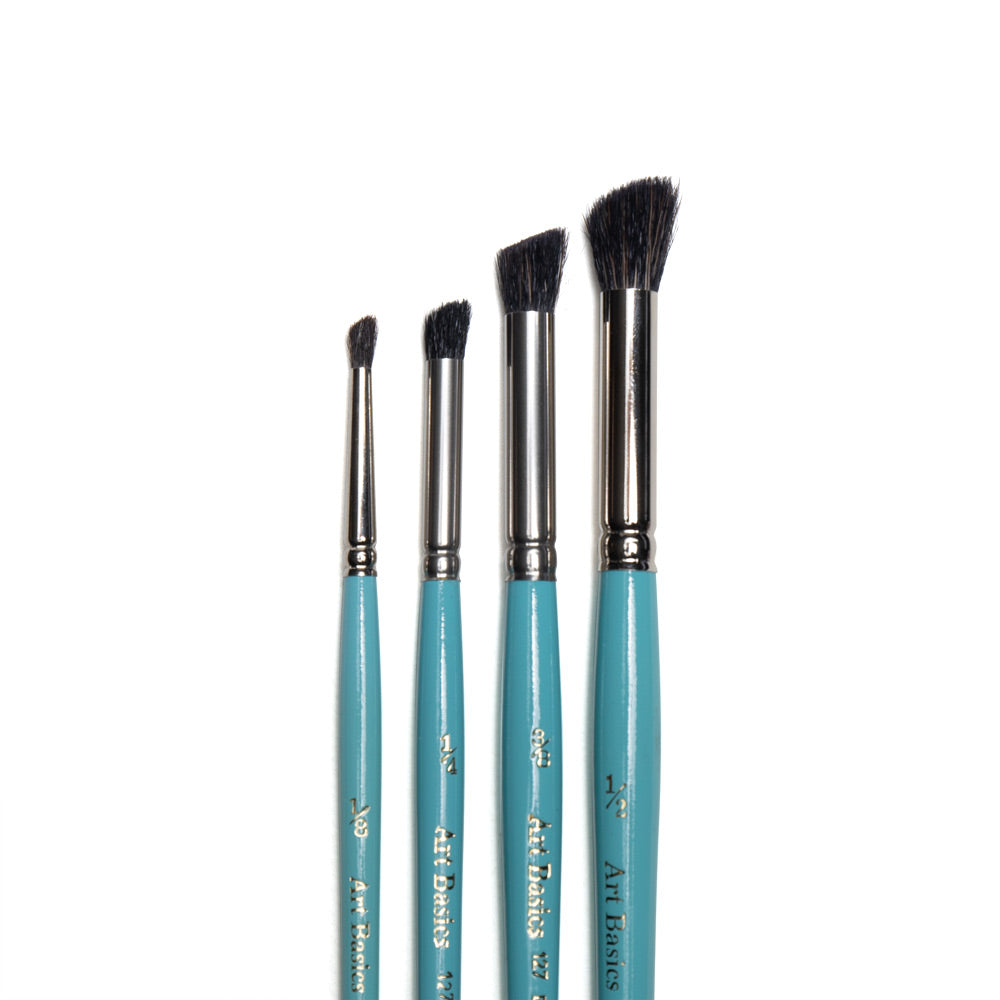 Art Basics Badger hair mix deerfoot brushes in one eighth, quarter, three eighths and half sizes with short, rounded bristles and angled tips.