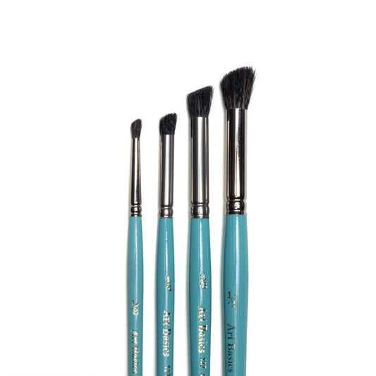 Art Basics Badger hair mix deerfoot brushes in one eighth, quarter, three eighths and half sizes with short, rounded bristles and angled tips.
