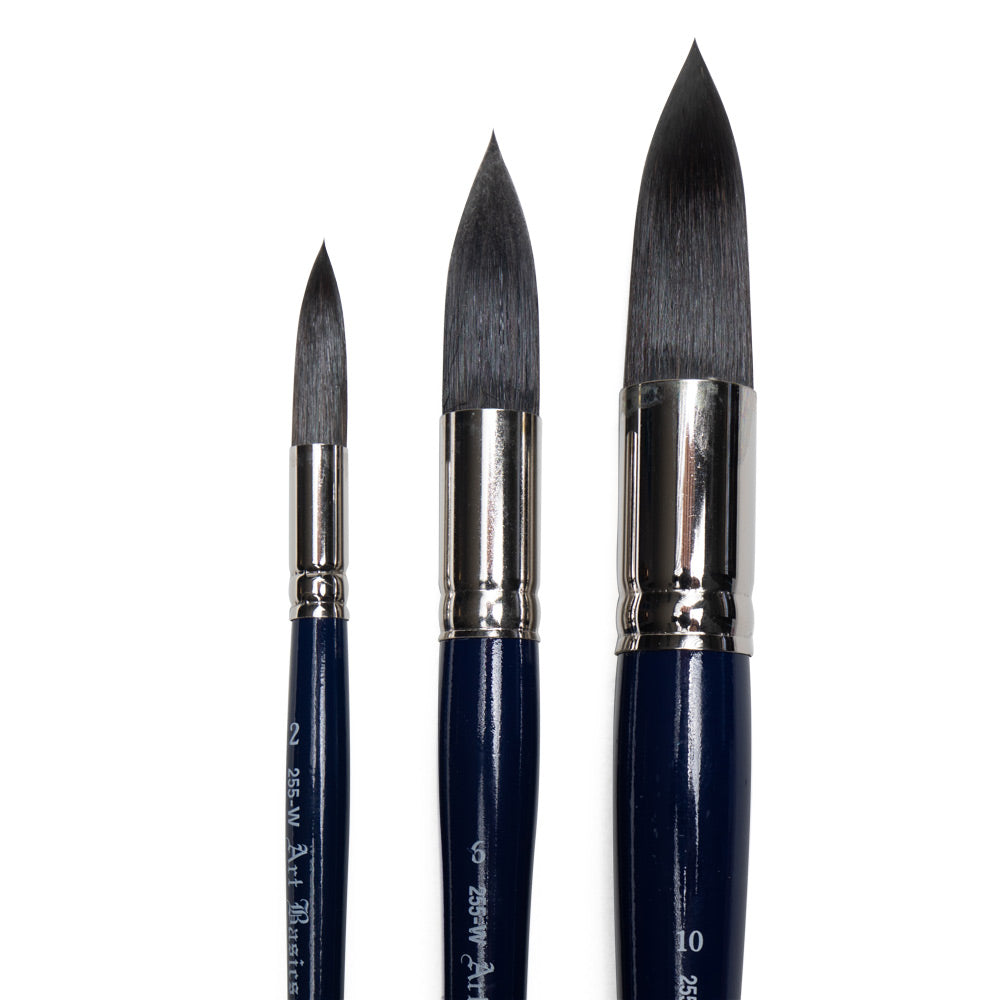 Art Basics Imitation Golden Sable Round Wash brushes in sizes 2, 6, and 10 with long, rounded bristles and pointed tips.