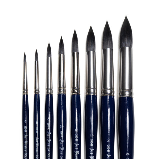 Art Basics Squirrelon imitation round brushes in sizes 4, 6, 8, 10, 12, 16, 20 and 24 with rounded bristles and pointed tips.