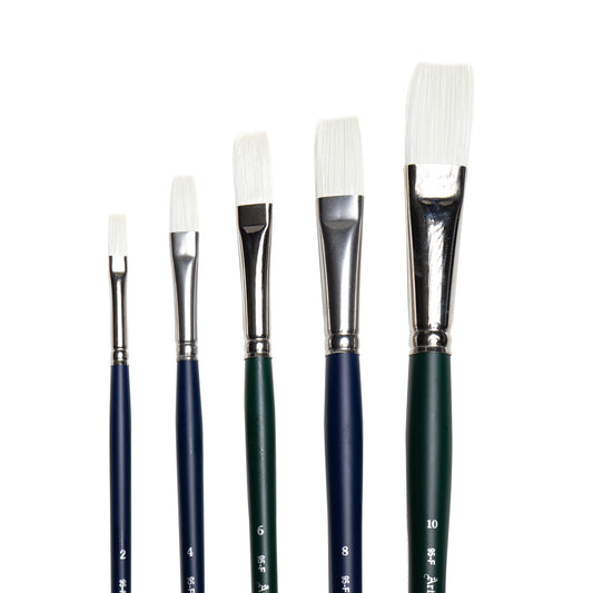 Art Basics stiff synthetic flat brushes in sizes 2, 4, 6, 8 and 10 with long, flat bristles.