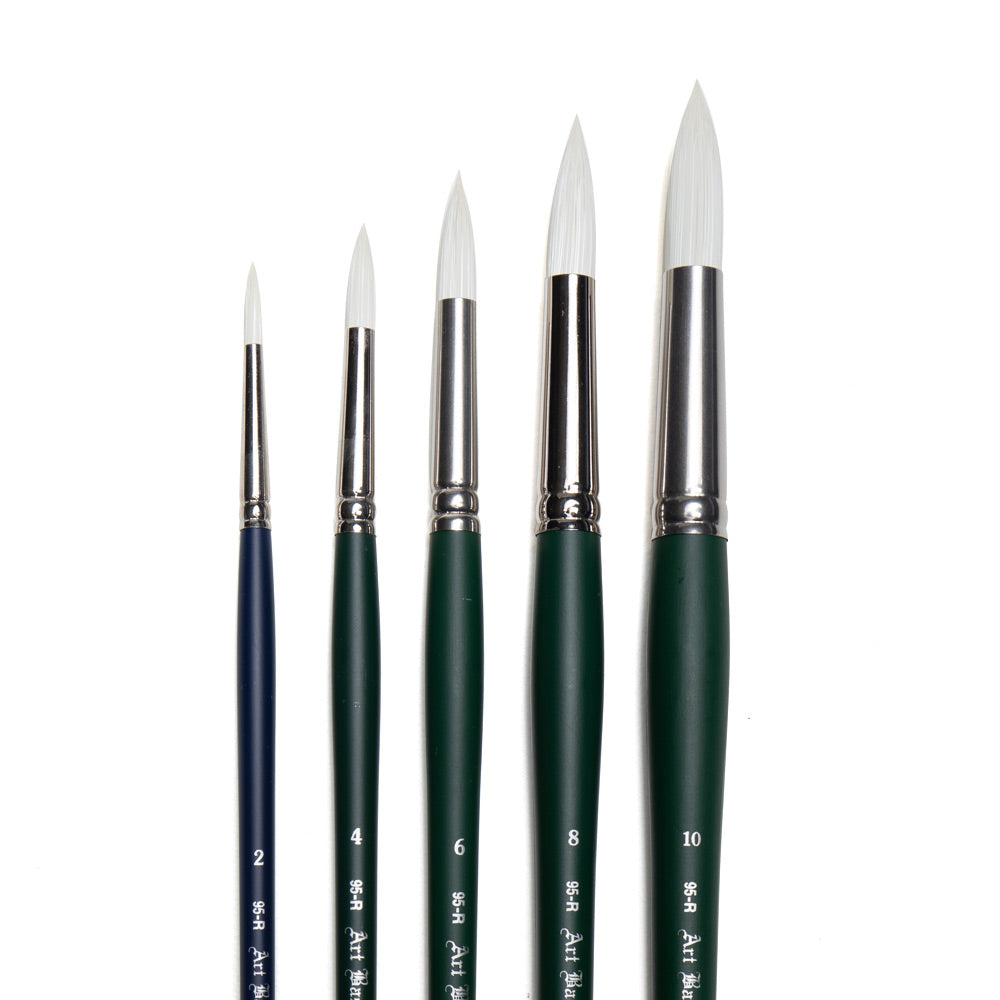 Art Basics stiff synthetic round brushes in sizes 2, 4, 6, 8 and 10 with rounded bristles that come to a pointed tip.