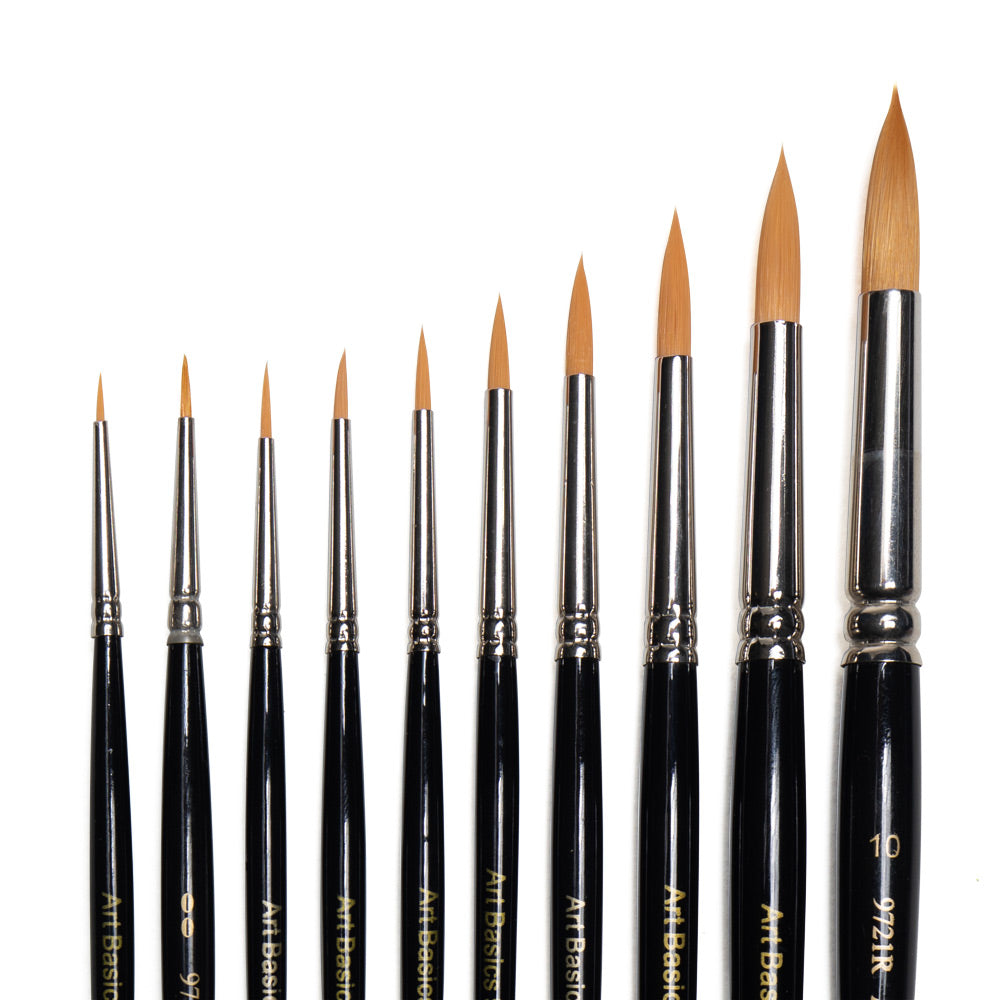 Art Basics golden Taklon round brushes in multiple sizes with rounded bristles that come to pointed tips.