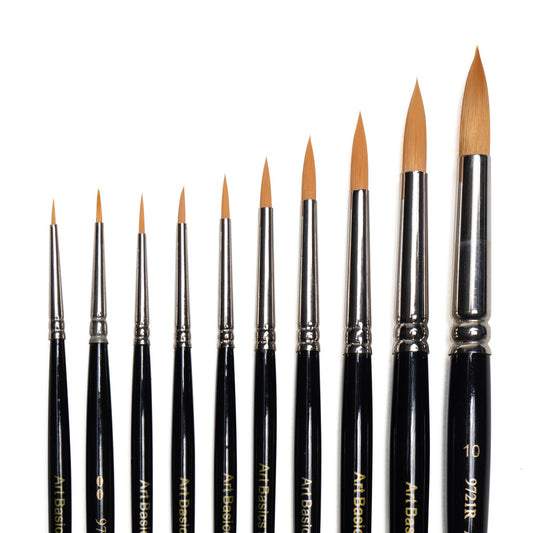 Art Basics golden Taklon round brushes in multiple sizes with rounded bristles that come to pointed tips.