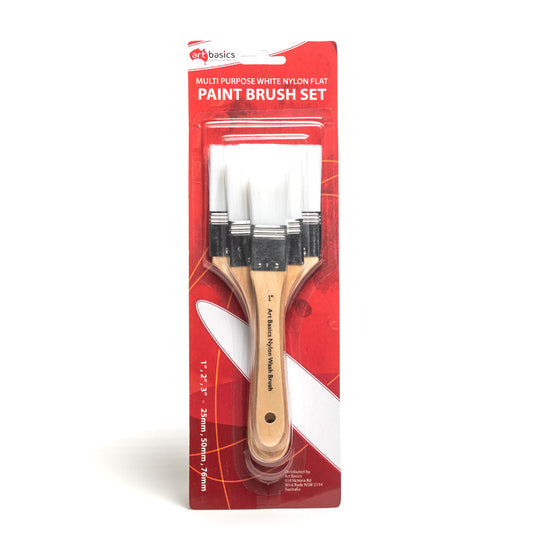 Packet of three multi-purpose white nylon flat paint brushes. This set includes a 1 inch (25 mm) wide brush, a 2 inch (50 mm) wide brush and a 3 inch (76 mm) wide brush.
