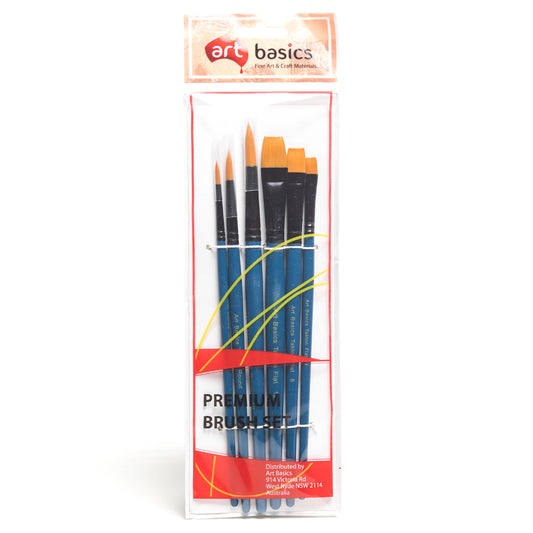A packet of six assorted brushes on short wooden blue handles. Packet contains one number 4 round brush, one number 4 flat brush, one number 8 round brush, one number 8 flat brush, one number 12 round brush and one number 12 flat brush