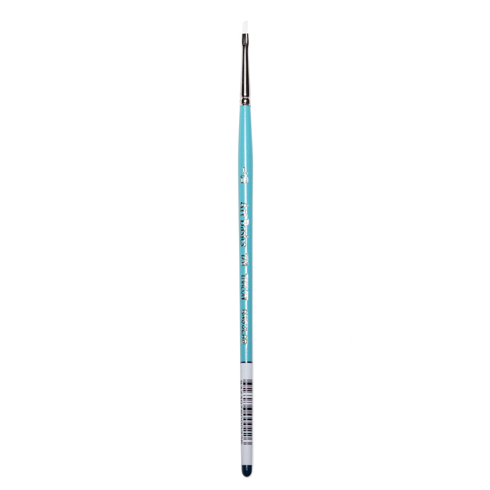 A size 1/16 Art Basics Taklon Angle Shader with a short handle, angled brush tip and flat white synthetic bristles.