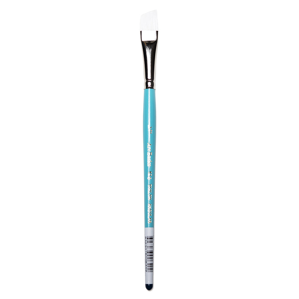 A size 1/2 Art Basics Taklon Angle Shader with a short handle, angled brush tip and flat white synthetic bristles.