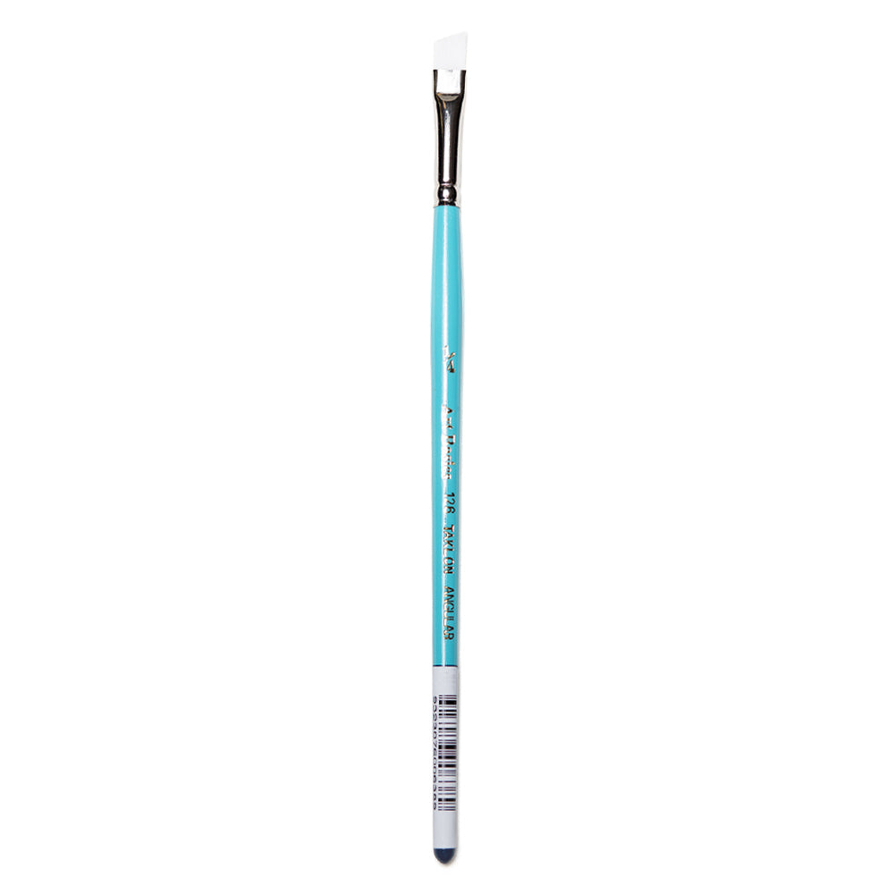 A size 1/4 Art Basics Taklon Angle Shader with a short handle, angled brush tip and flat white synthetic bristles.