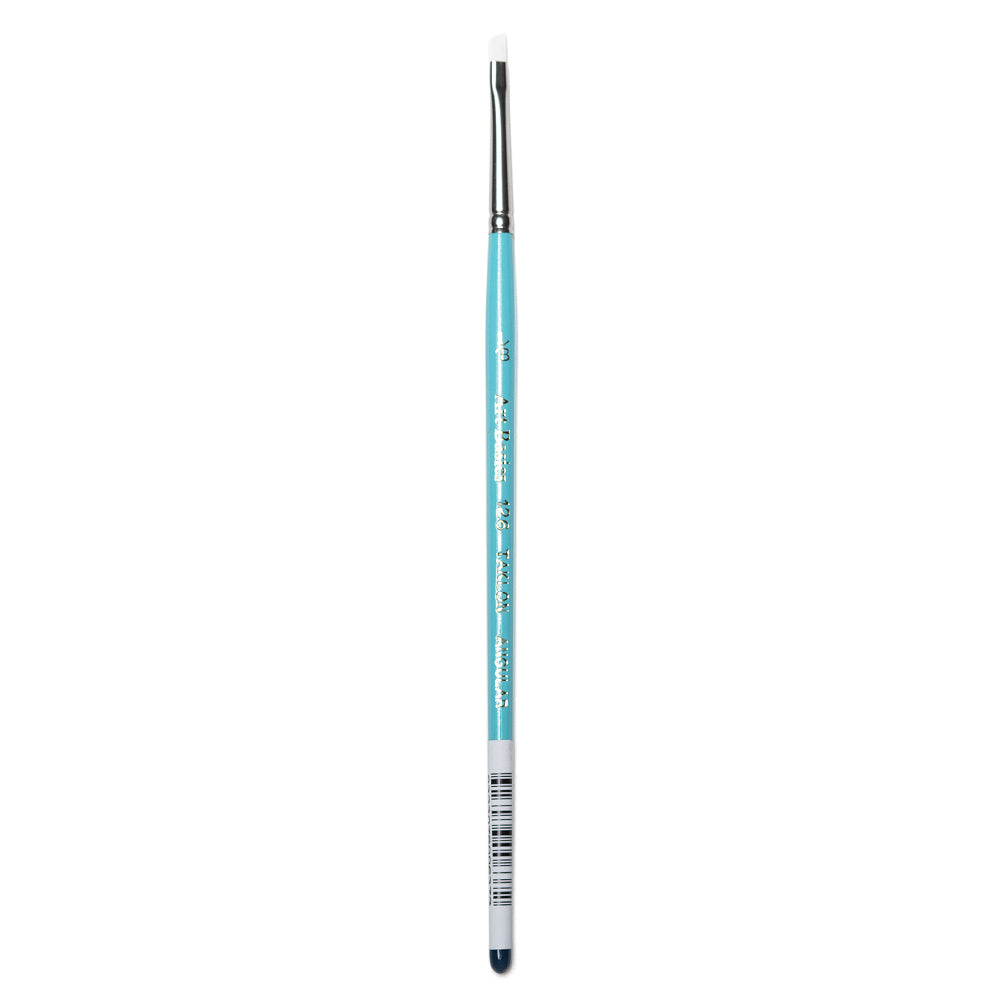 A size 1/8 Art Basics Taklon Angle Shader with a short handle, angled brush tip and flat white synthetic bristles.