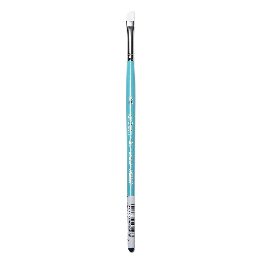 A size 3/16 Art Basics Taklon Angle Shader with a short handle, angled brush tip and flat white synthetic bristles.