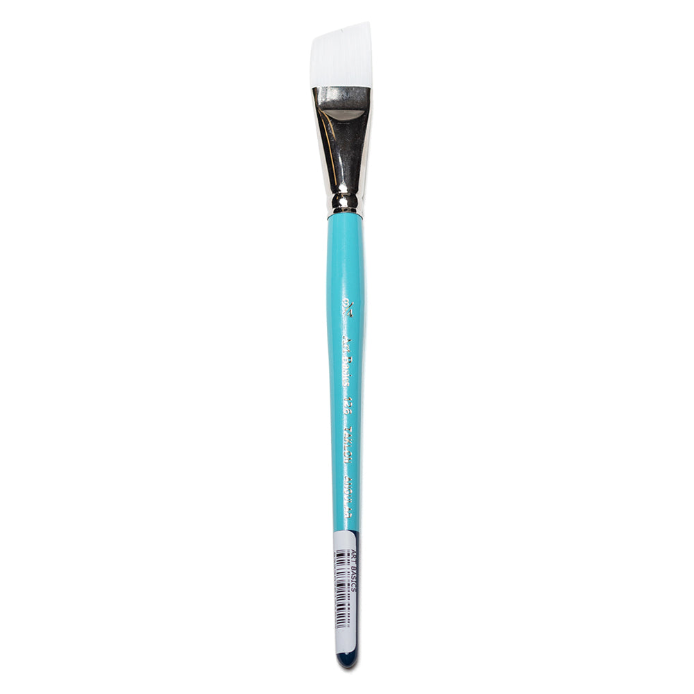A size 3/4 Art Basics Taklon Angle Shader with a short handle, angled brush tip and flat white synthetic bristles.