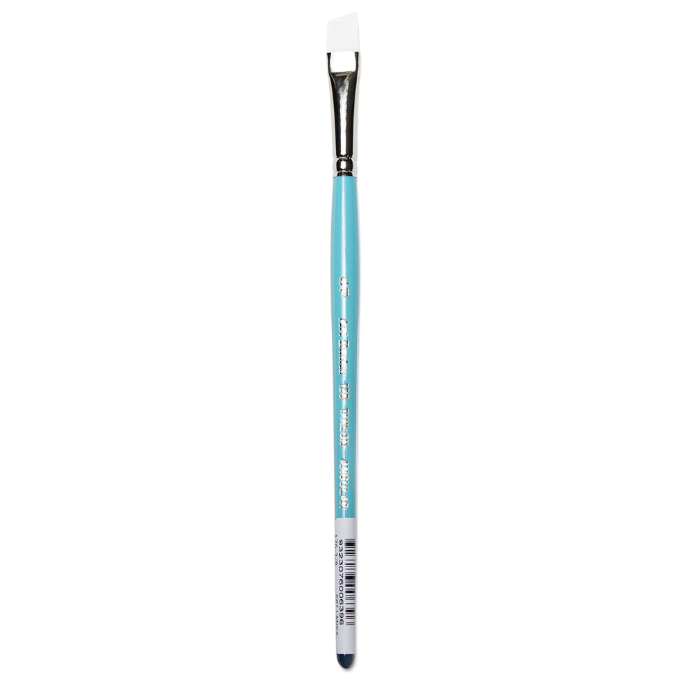 A size 3/8 Art Basics Taklon Angle Shader with a short handle, angled brush tip and flat white synthetic bristles.
