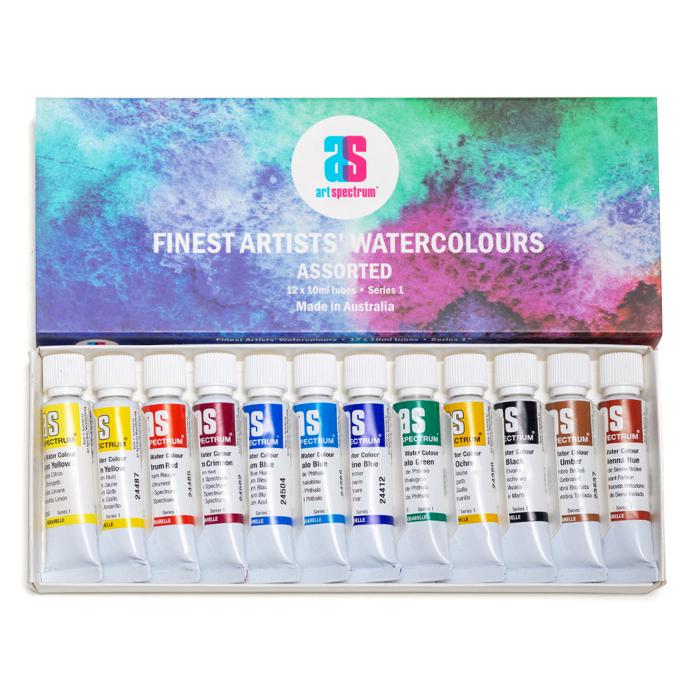 Open box set of 12 assorted Australian made Art Spectrum watercolours in 10 millilitre tubes.
