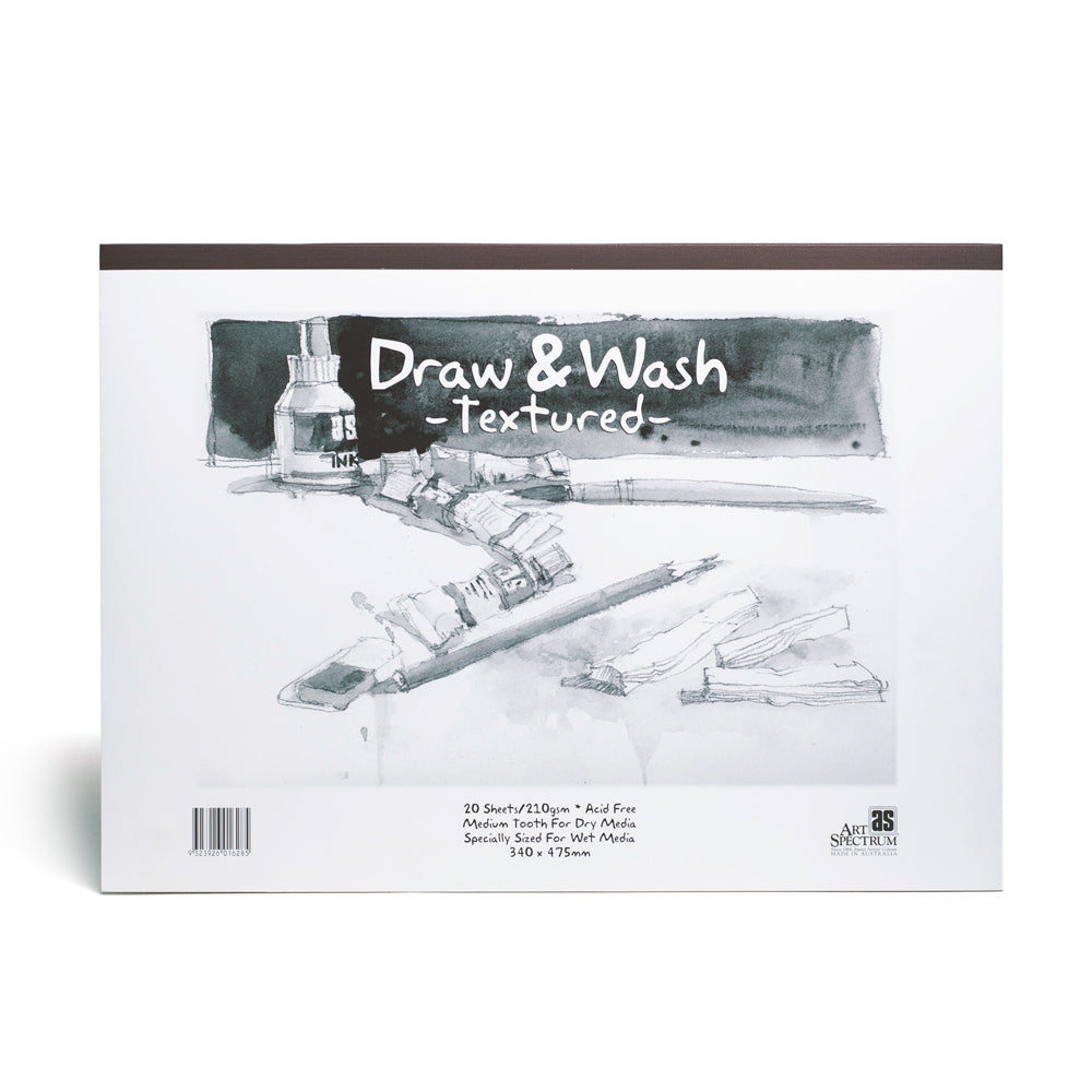 Art Spectrum textured draw and wash pad, bound on the long edge. This pad contains 20 sheets of acid free paper. Medium toothed for dry media and specially sized for wet media. 34 by 47.5 centimeters in size.