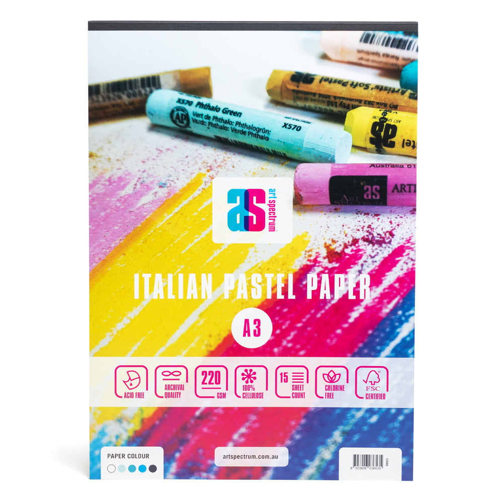 Art Spectrum A3 Italian pastel paper pad in white and shades of blue. This pad is bound on the short edge and comes with 15 sheets of 220gsm acid free archival quality paper. The paper is made from FSC certified, chlorine free cellulose.