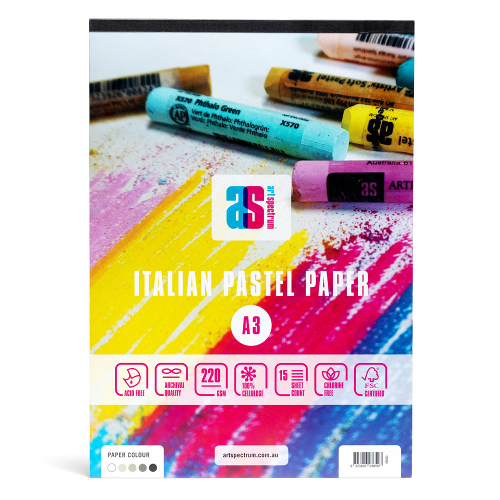Art Spectrum A3 Italian pastel paper pad in white and shades of grey. This pad is bound on the short edge and comes with 15 sheets of 220gsm acid free archival quality paper. The paper is made from FSC certified, chlorine free cellulose.