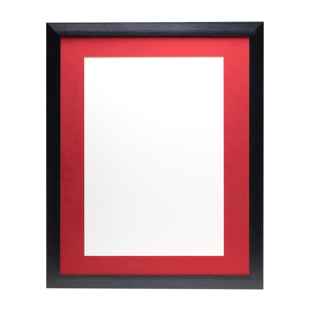 A black wooden frame with a bright red pre-cut framing matt.