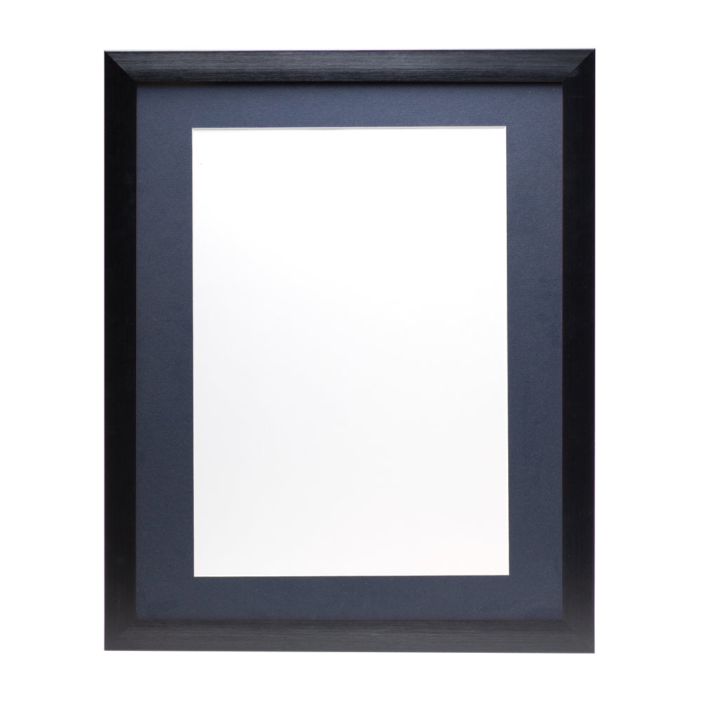 A black wooden frame with a dark blue pre-cut framing matt.