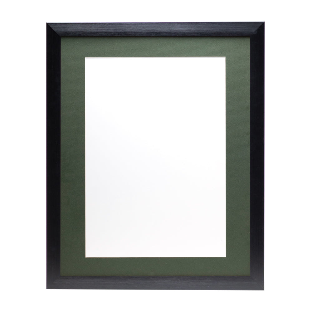 A black wooden frame with a dark green pre-cut framing matt.