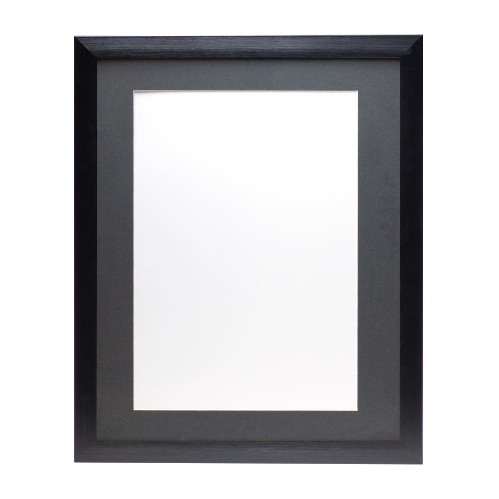A black wooden frame with a dark grey pre-cut framing matt.