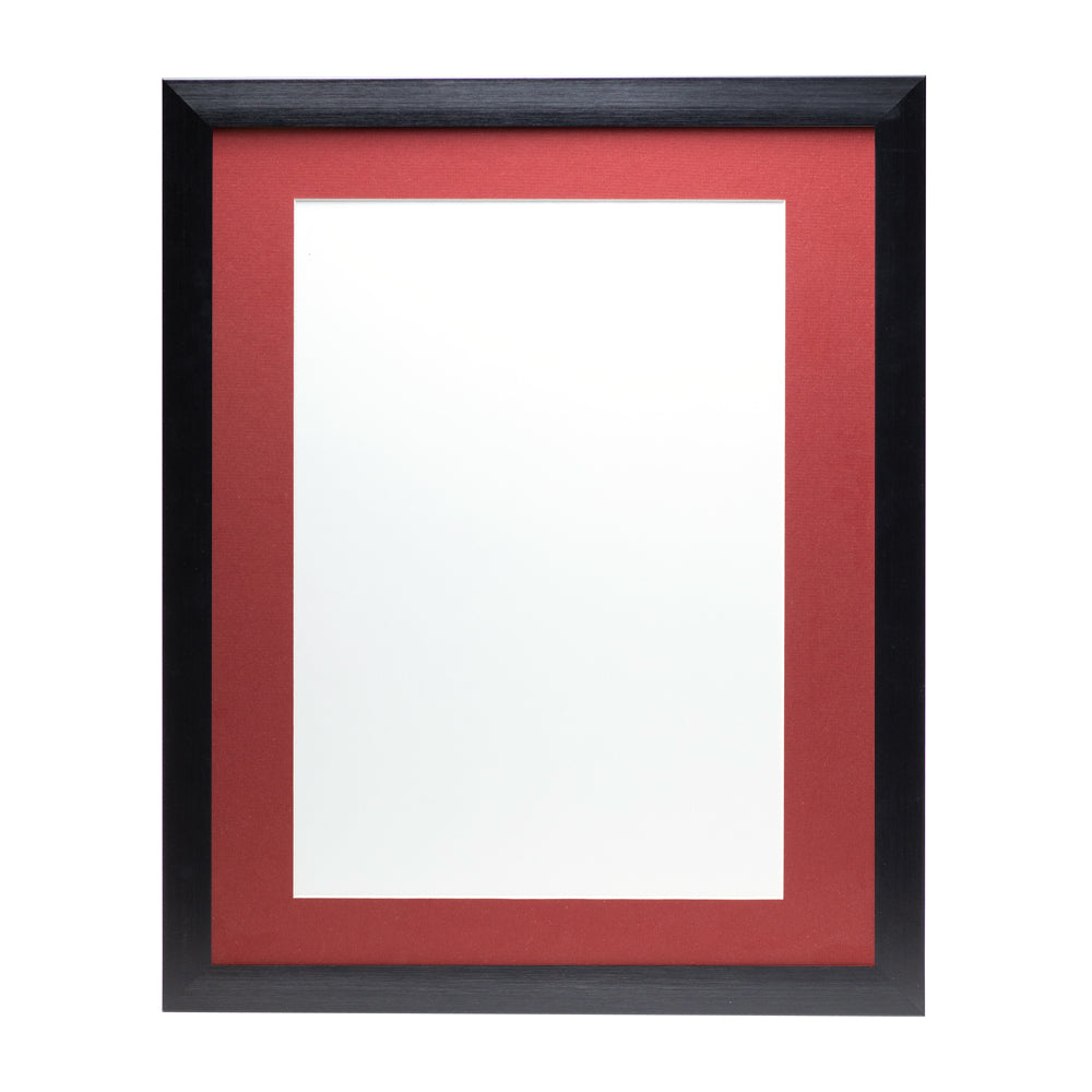 A black wooden frame with a deep red pre-cut framing matt.