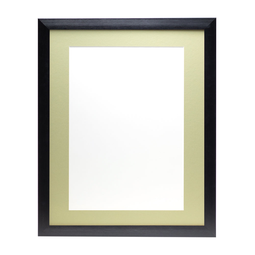 A black wooden frame with a light green pre-cut framing matt.