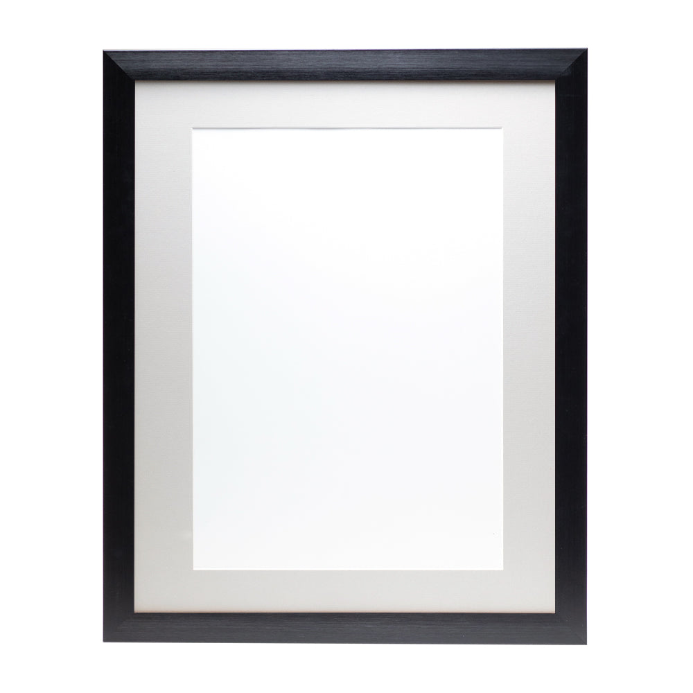 A black wooden frame with a light grey pre-cut framing matt.