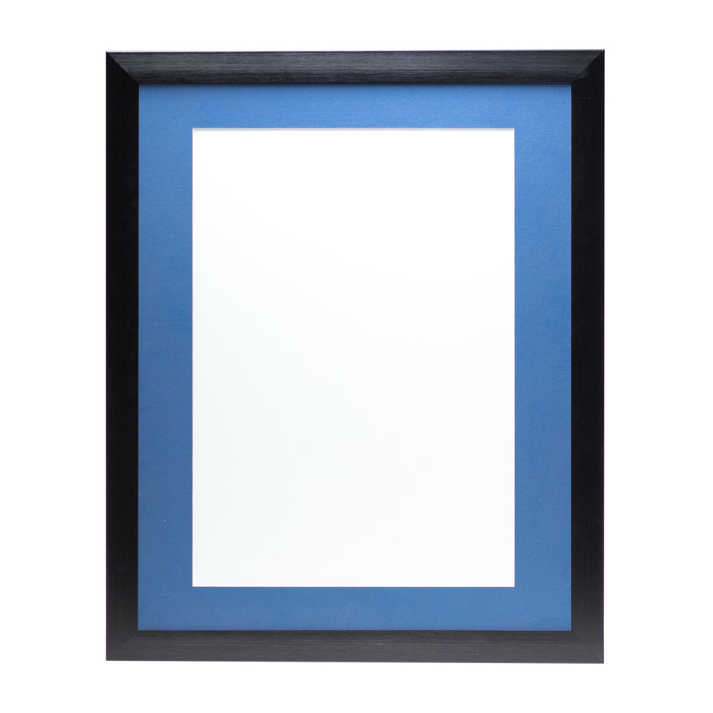 A black wooden frame with a mid-blue pre-cut framing matt.