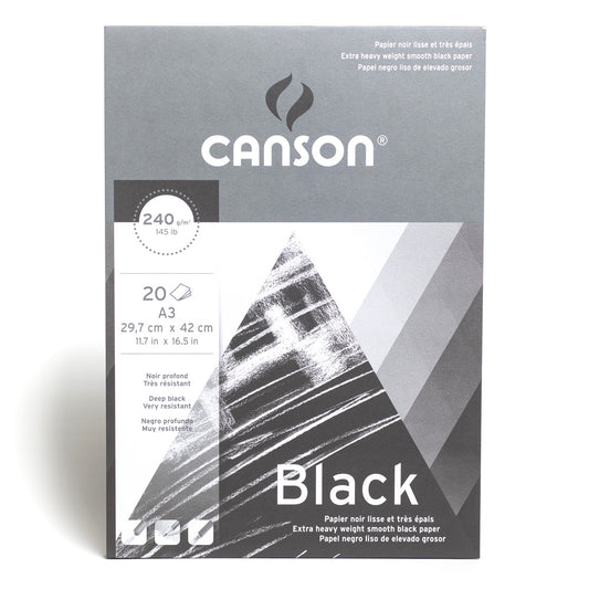 A pad of Canson extra heavy weight smooth black paper bound on the short edge. This pad contains 20 pages of deep black, very resistant 29.7 by 42 centimetres in size (A3).