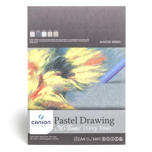 Canson Mi-Teintes pastel drawing pad in grey tones. This pad is bound on the short edge and contains 15 sheets of 160 gsm paper made from 50% cotton which is archival quality and acid free. The pages are 21 by 29.7 centimetres in size (A4) with a dual surface of honeycomb and fine grain.