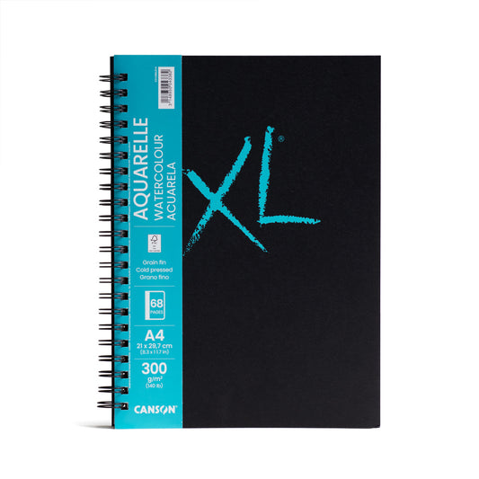 Canson XL watercolour book, spiral bound on the long edge. This book contains 68 pages of 300 gsm cold pressed paper. 21 by 29.7 centimetres in size.