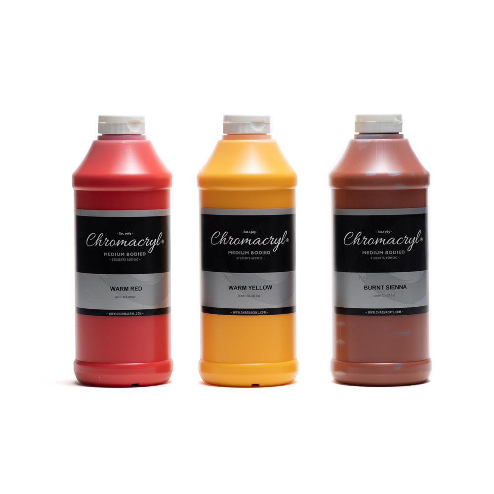 1 litre bottles of Chromacryl medium bodied students acrylic.