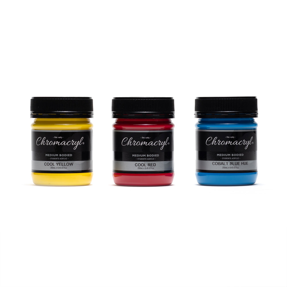 250 millilitre jars of Chromacryl medium bodied students acrylic.