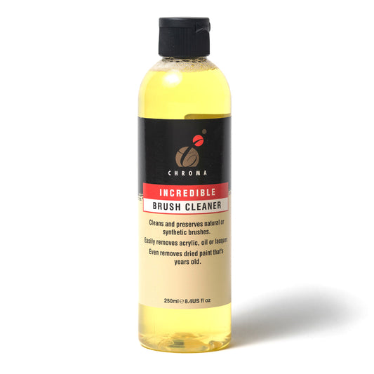 A 250 millilitre bottle of Chroma Incredible Brush Cleaner. The label reads that the product cleans and preserves natural or synthetic brushes, easily removes acrylic, oil or lacquer and even removes dried paint that’s years old.
