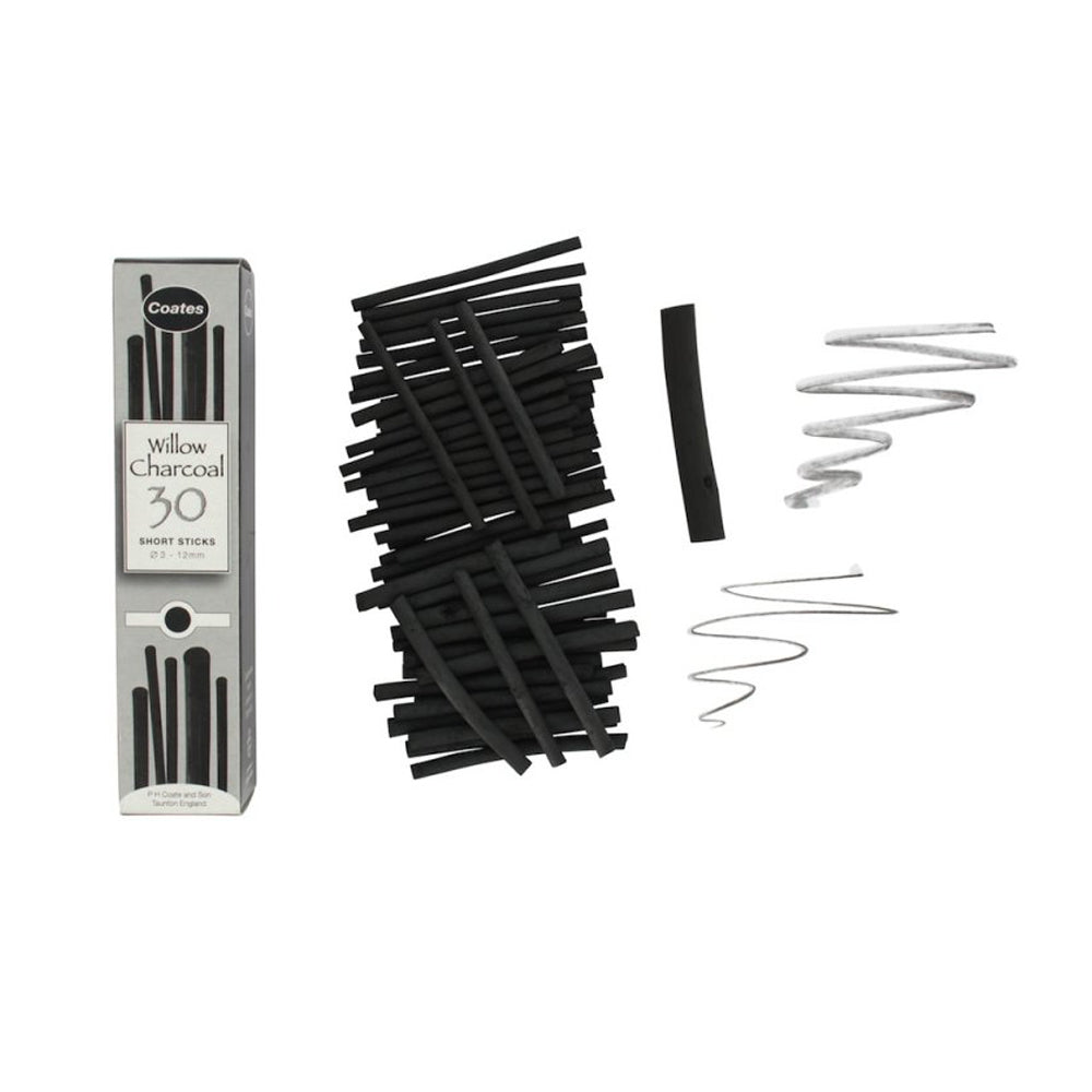 A box of 30 Coates short willow charcoal sticks. The natural sticks come in a variety of widths from approximately 3 to 12 mm in diameter.