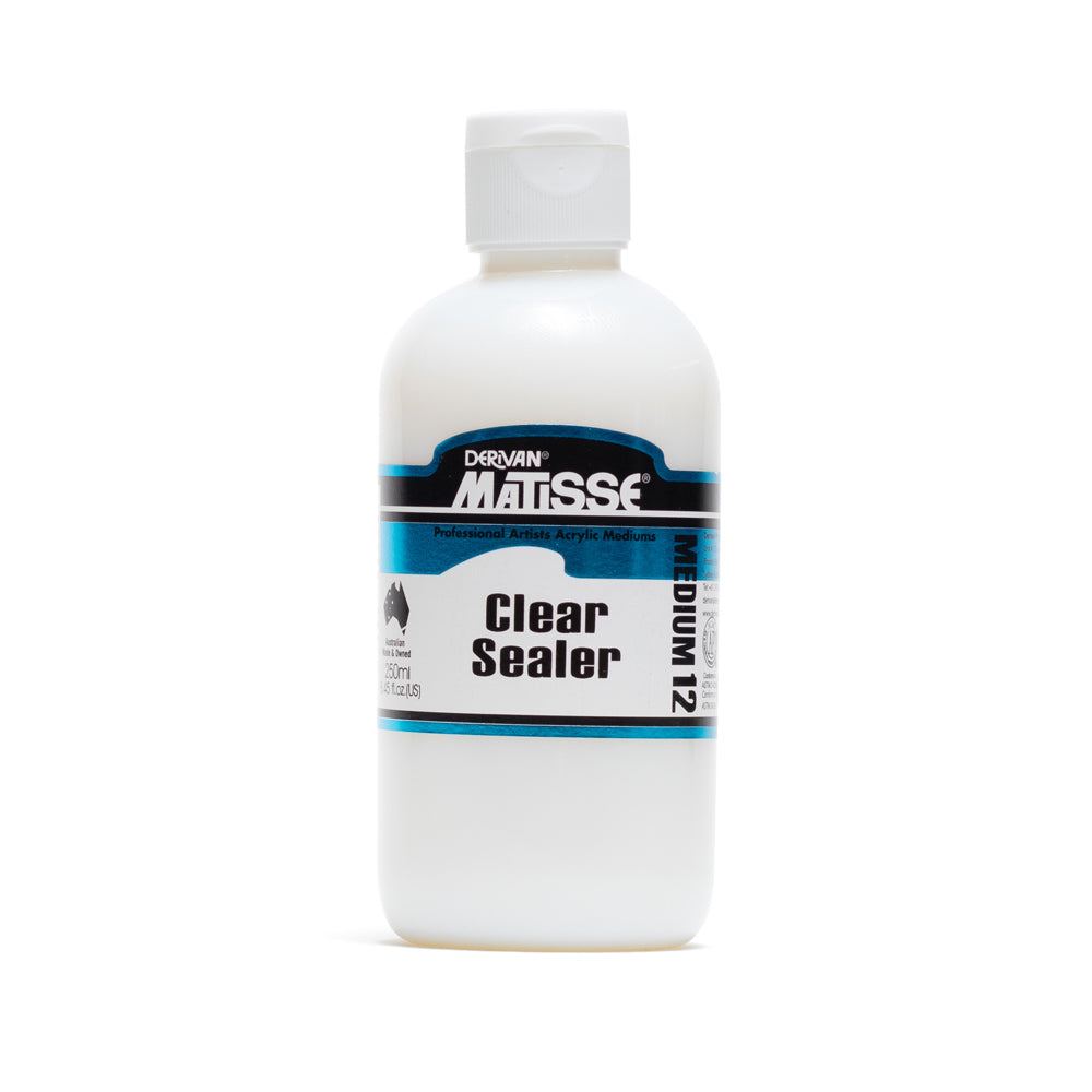 A 250 millilitre bottle of Derivan Matisse Clear Sealer - Medium 12. Australian made and owned professional artist acrylic mediums.