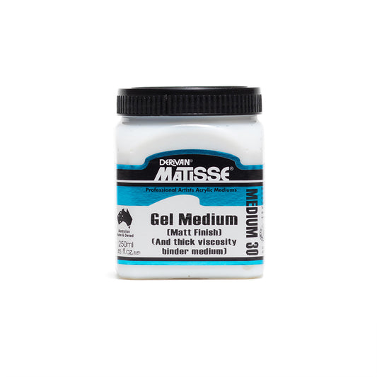 A 250 millilitre jar of Derivan Matisse Gel Medium with matt finish and thick viscosity binder medium. Australian made and owned professional artists acrylic mediums.