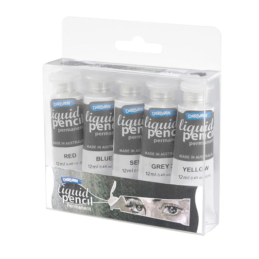 Box set containing five tubes of 12 millilitre Derivan permanent liquid pencil in red, blue, sepia, grey 3 and yellow.
