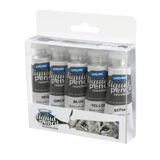 Box set containing five tubes of 12 millilitre Derivan rewettable liquid pencil in red, blue, sepia, grey 3 and yellow.