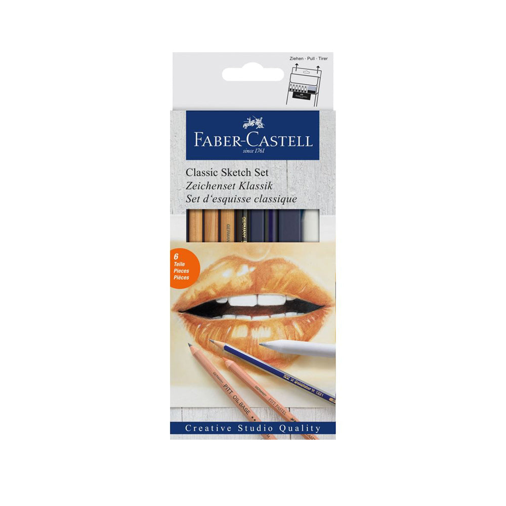 A box set Faber-Castell Classic Sketch pencils containing a mix of 6 creative studio quality pencils including PITT pastel pencils, a PITT oil based pencil, a graphite pencil and a paper blending stump.